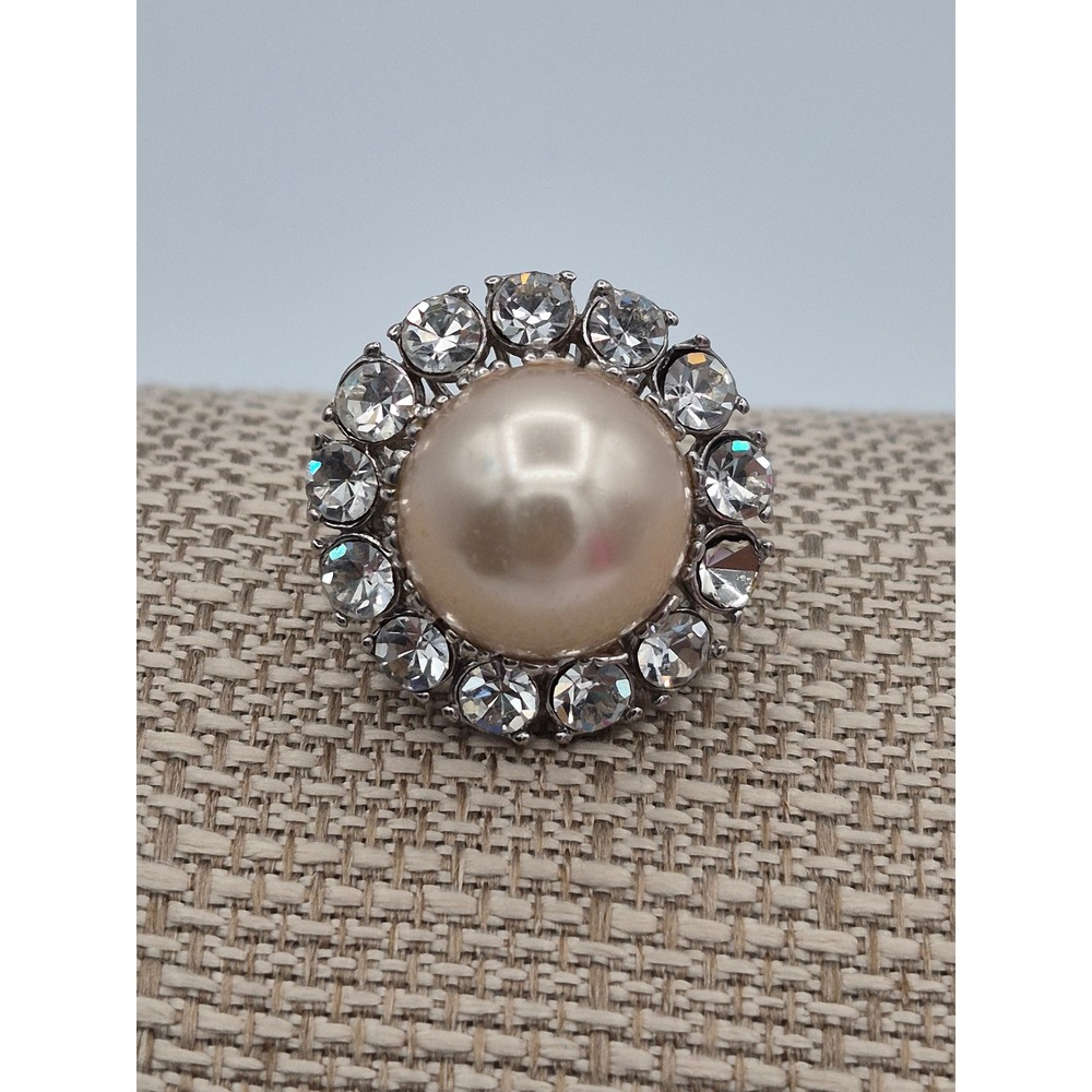 Vintage Faux Pearl Crystal Halo Cocktail Ring Silver Tone Champagne Statement
